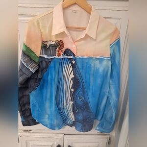 Women's Blue Celtic Nautical Whale Print Button Up Top Large